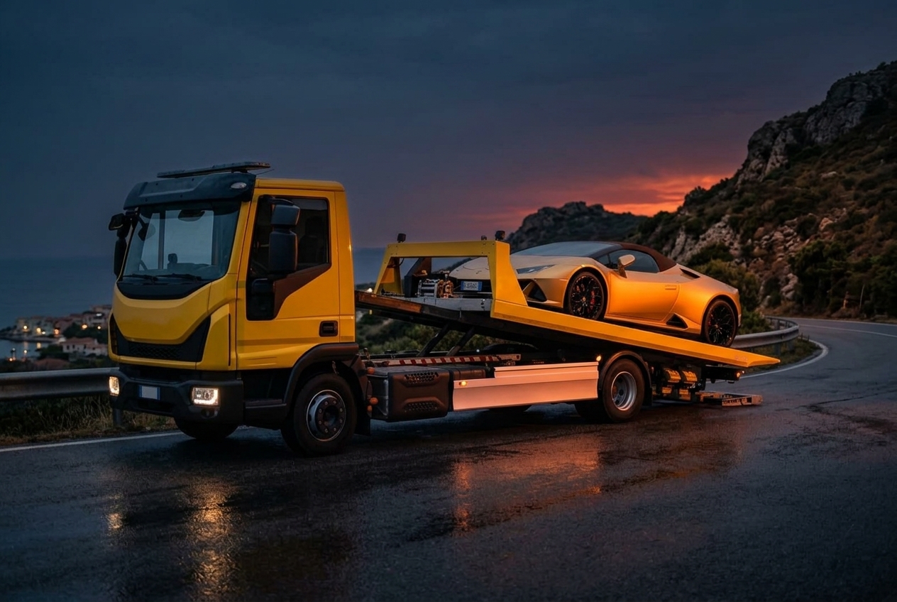 Carroattrezzi EMME SERVICE CAR su strada notturna con luci ambra di sicurezza