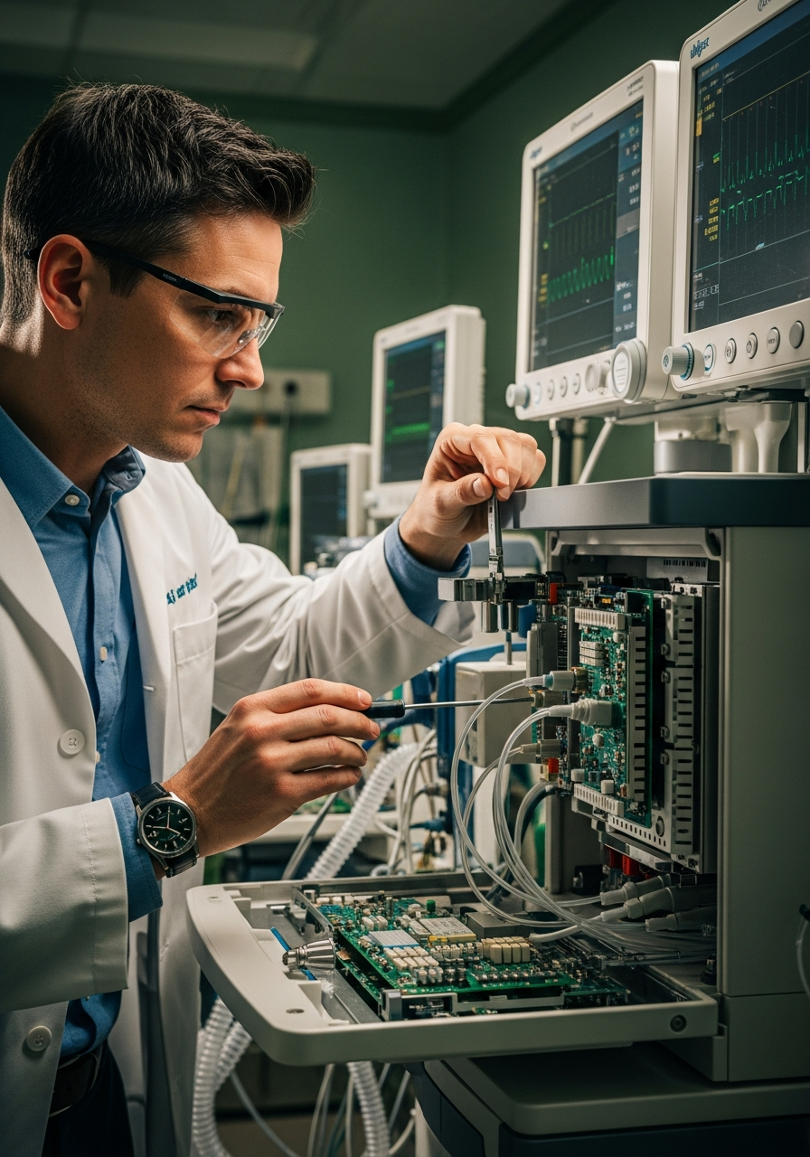Biomedical engineer servicing a Dräger ICU ventilator