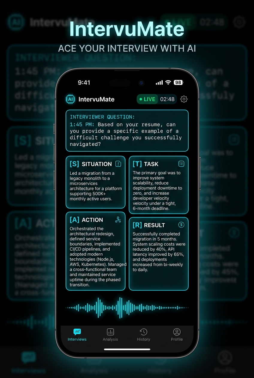 Live copilot on iPhone — question transcribed, STAR bullets streamed.