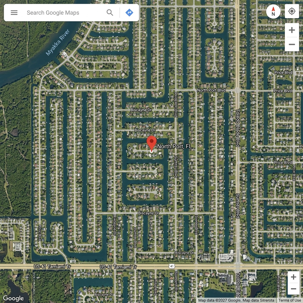 Overhead satellite map view of North Port, Florida