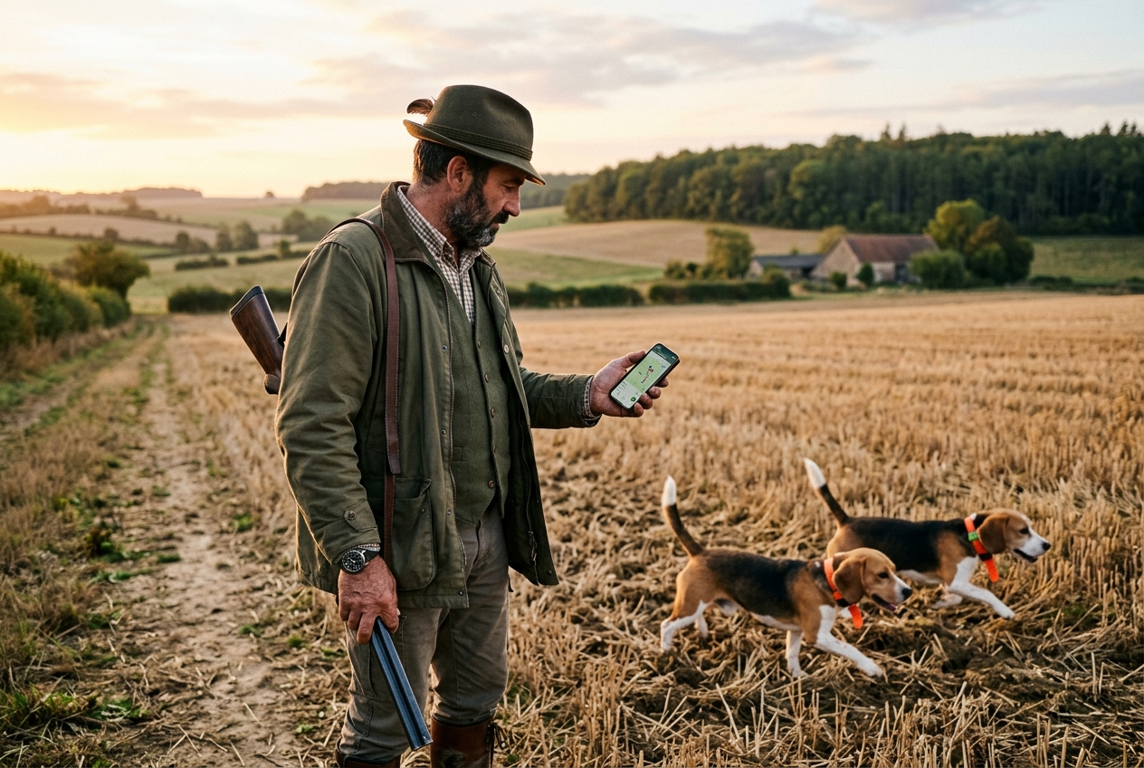 Chasseur consultant le GPS de ses chiens courants sur smartphone en plaine, arrêté 2026
