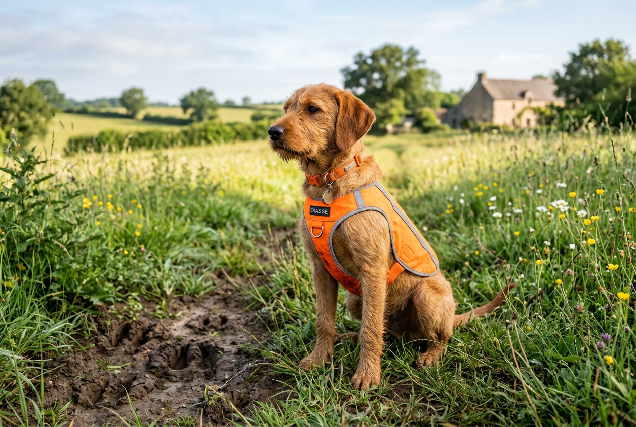 Young Griffon Fauve de Bretagne wearing the RoG Elite i3 protective vest in a meadow