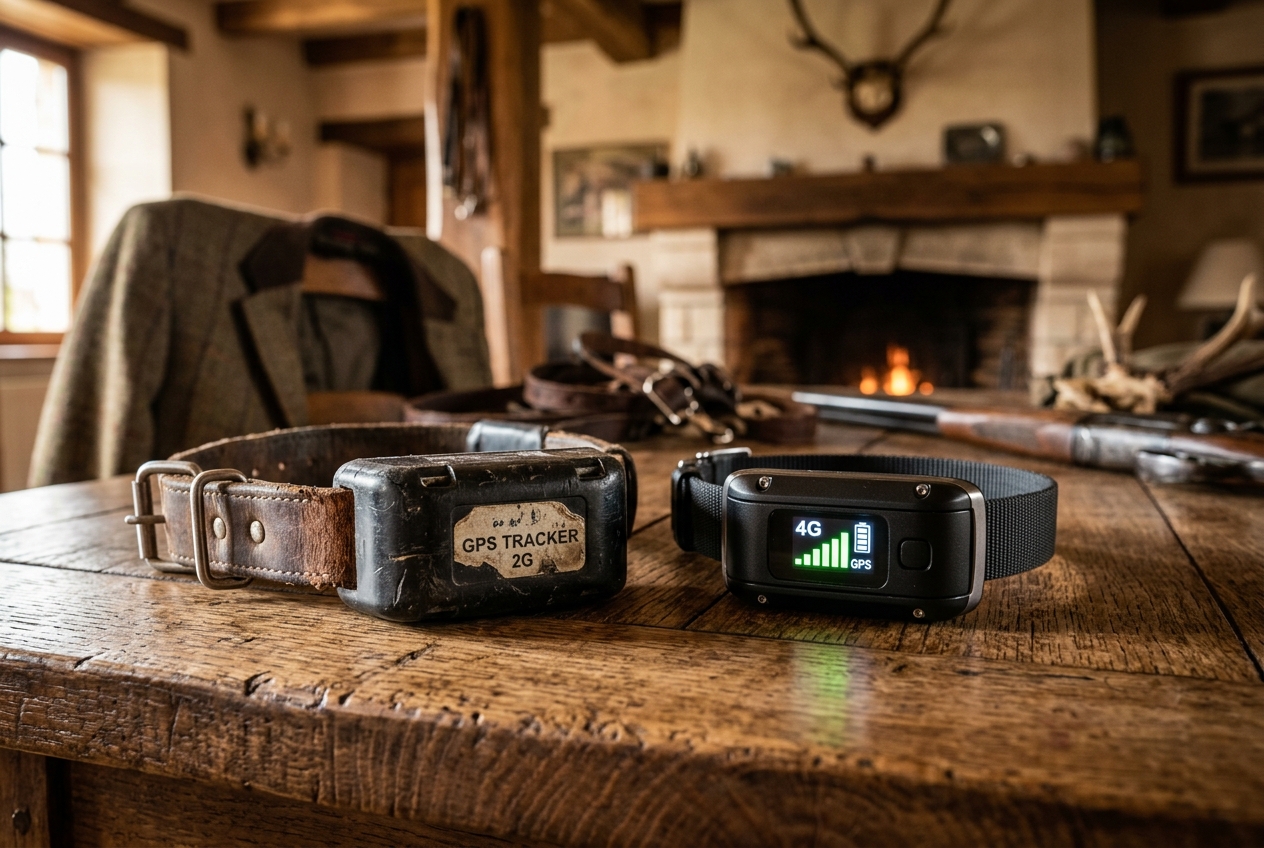 Comparaison collier GPS 2G ancien et collier 4G moderne sur table de pavillon de chasse