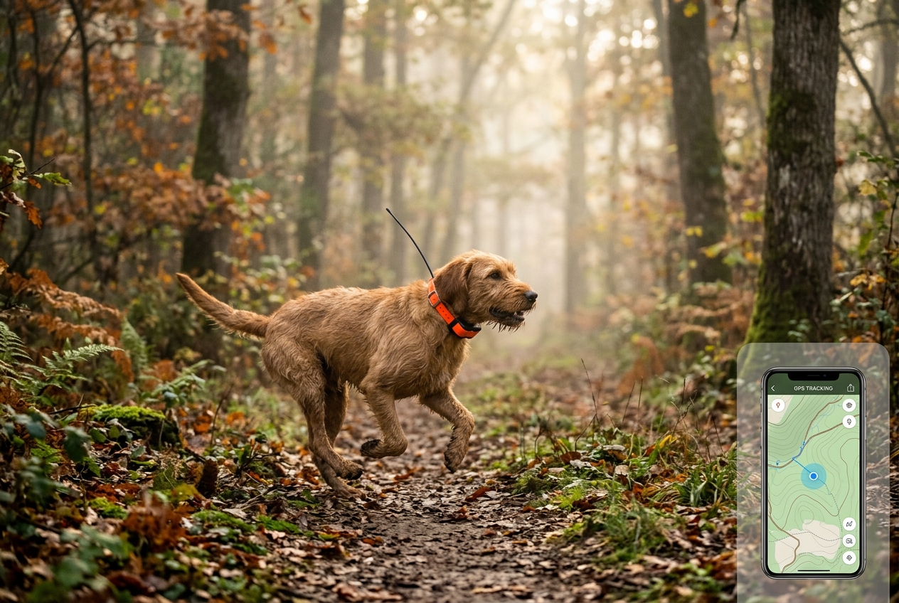 Chien de chasse équipé du collier GPS RoG Area IV en forêt, suivi en temps réel sur smartphone