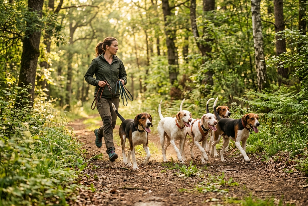 Meute de chiens courants à l entraînement en forêt française avant ouverture de la chasse