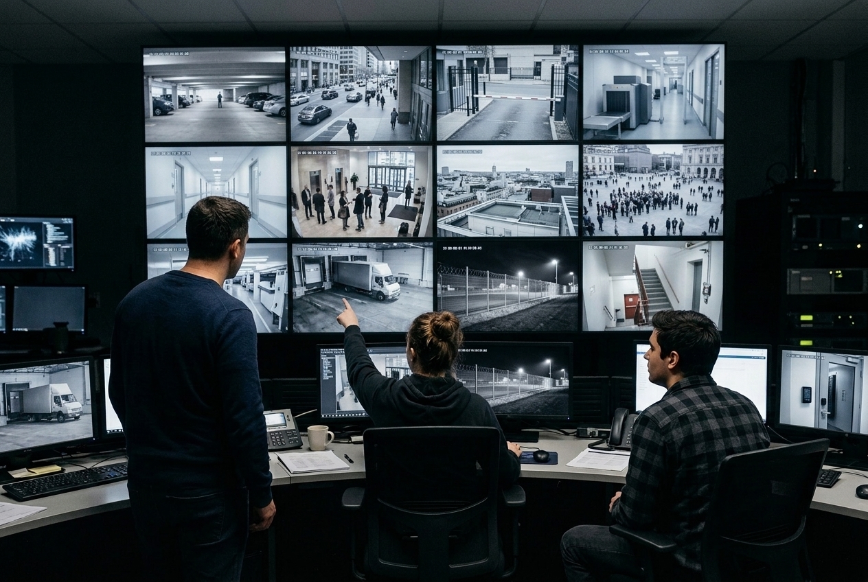 Security analysts reviewing a wall of monitors showing different security camera scenarios