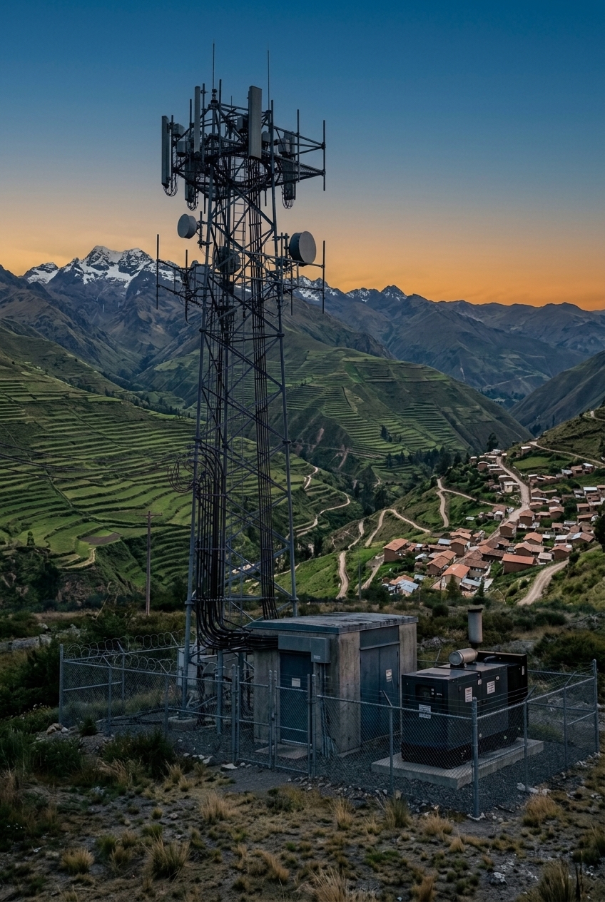 Communications tower with backup power shelter above an Andean mountain town at dusk