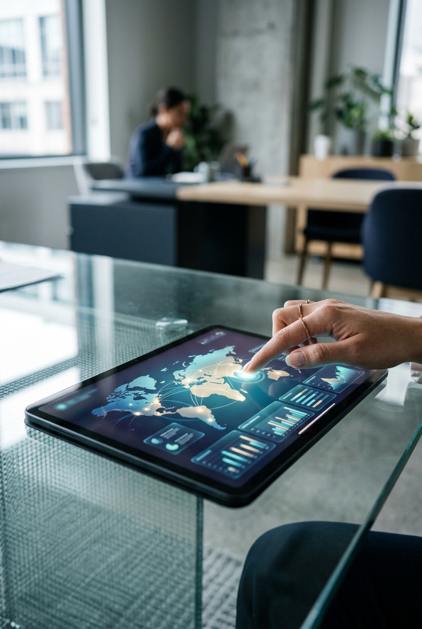 Hand using a tablet risk dashboard in a modern office