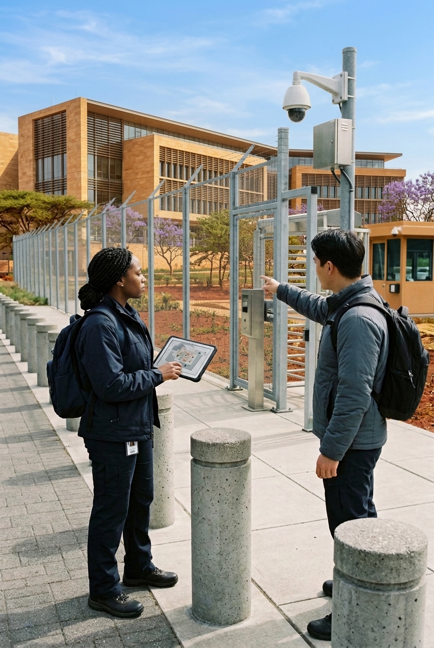 Security risk assessment team surveying cameras and access control at an East African government campus perimeter
