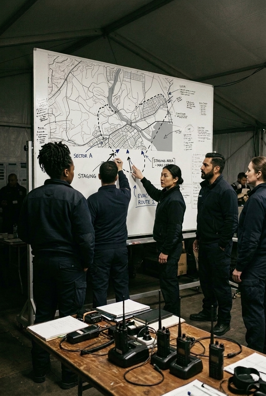 Diverse response team planning evacuation routes on an incident command board map