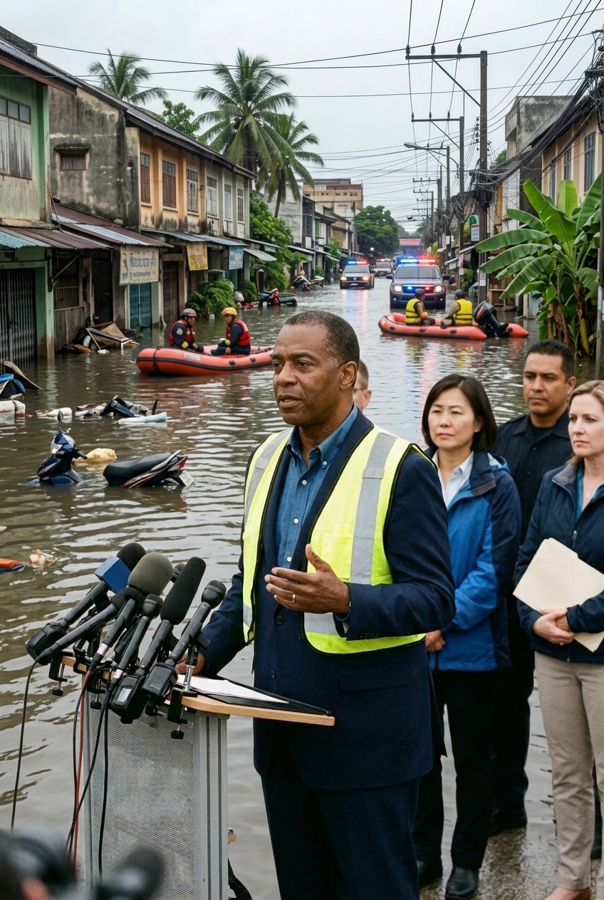 Leader addressing the press on a flooded Southeast Asian street, flanked by response officials