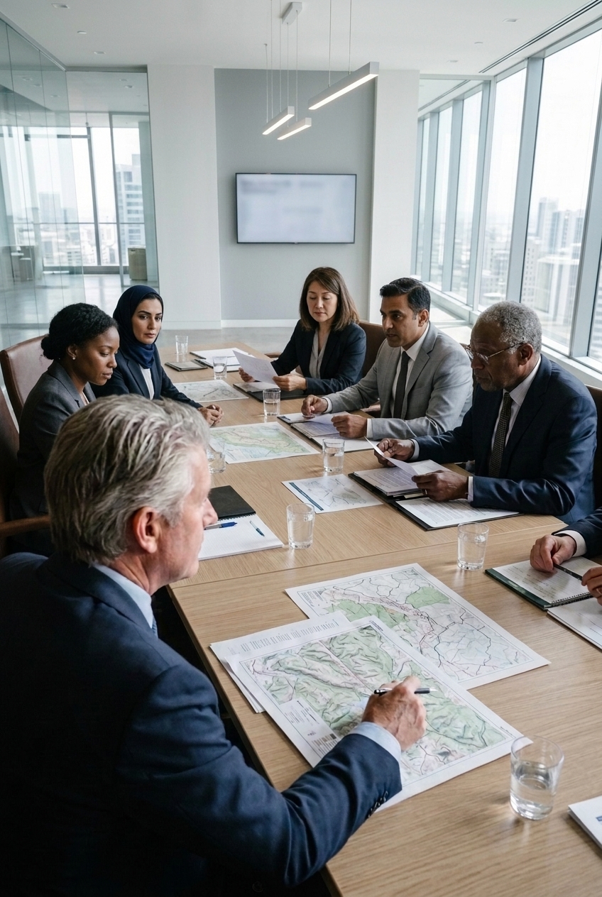 Troy M. Taylor leading a briefing with a diverse team over maps in a contemporary glass-walled meeting room