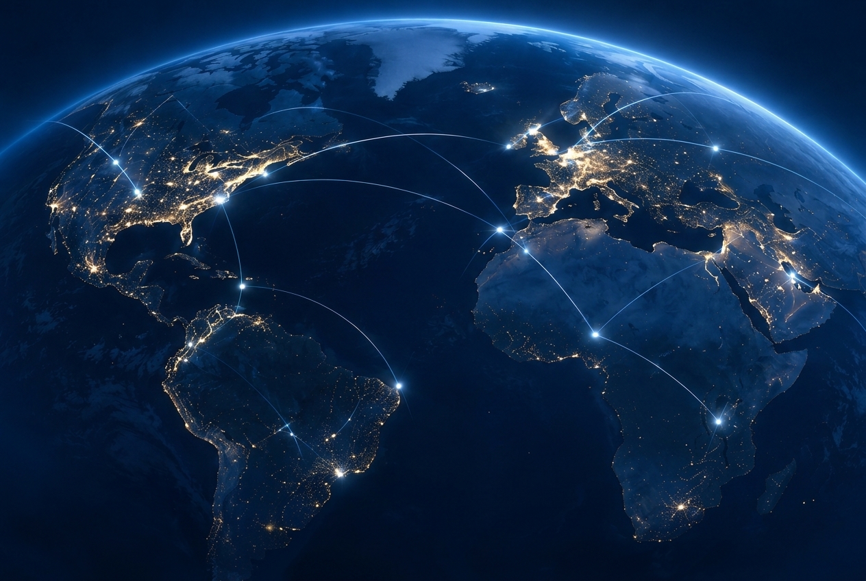 Earth at night with connected city lights across the Americas, Europe, Africa and the Middle East