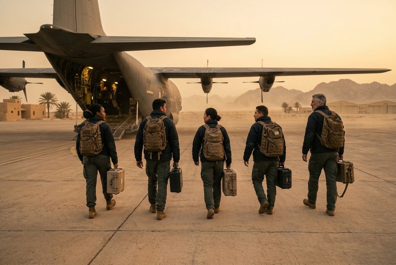 Diverse deployable support team of men and women walking toward a cargo aircraft on a desert airfield in the Middle East at dawn