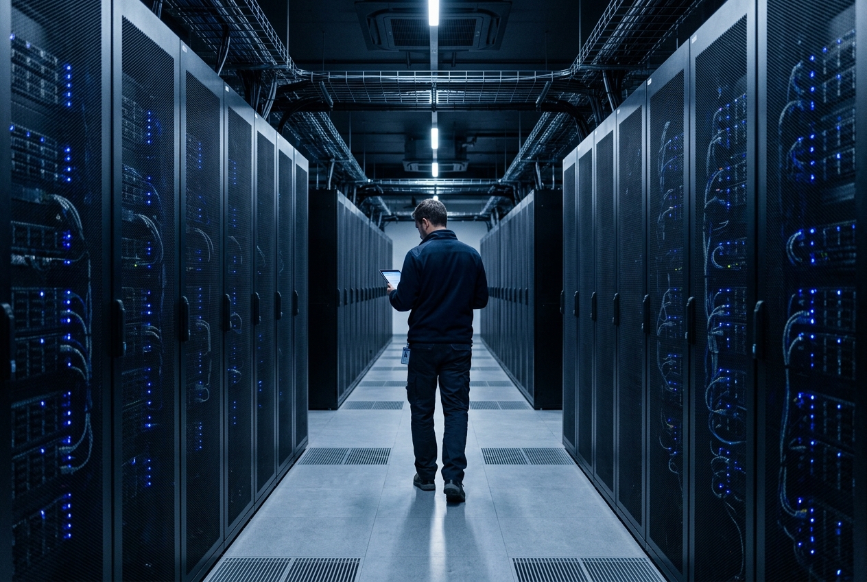 Technician walking a modern data center aisle