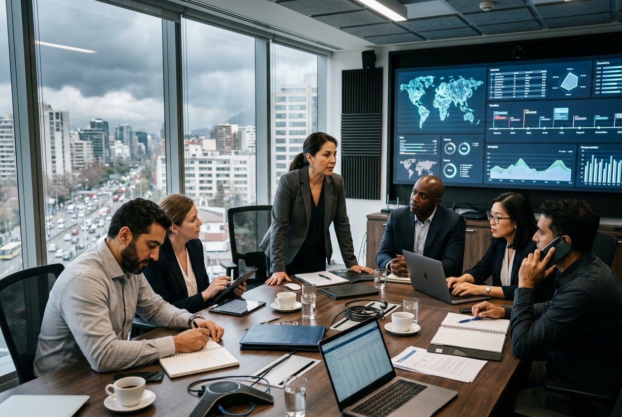 Leader directing a diverse executive crisis team in a daylit crisis room above a Latin American city