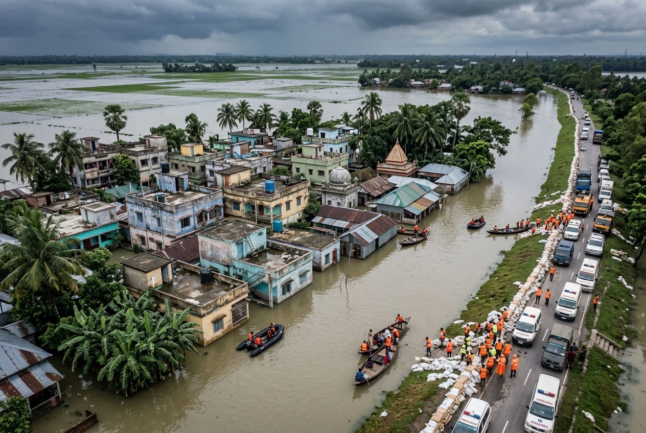 Aerial view of a flooded South Asian delta town with rescue boats and a sandbag levee