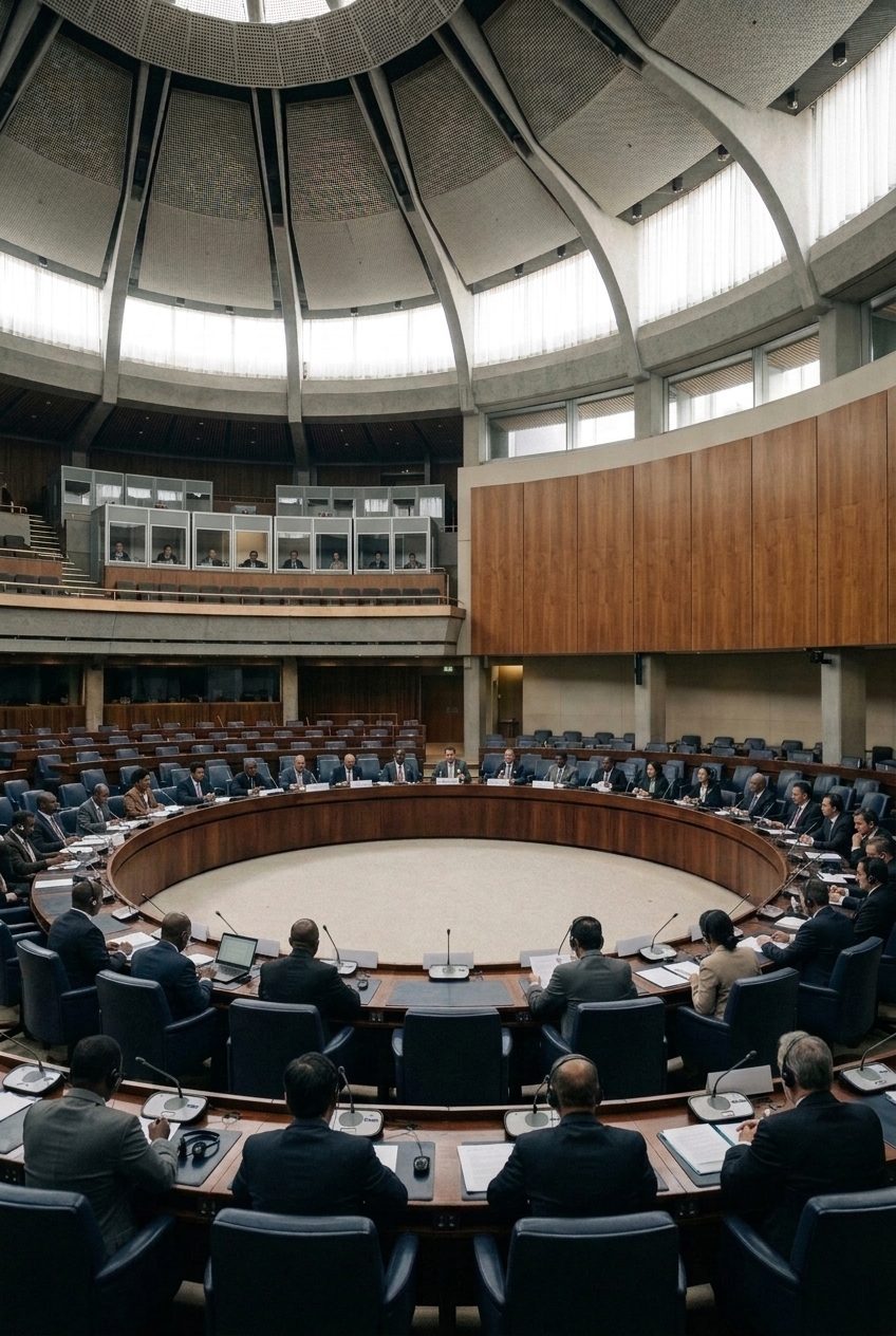 Officials from several countries at a coordination meeting with interpreters in booths