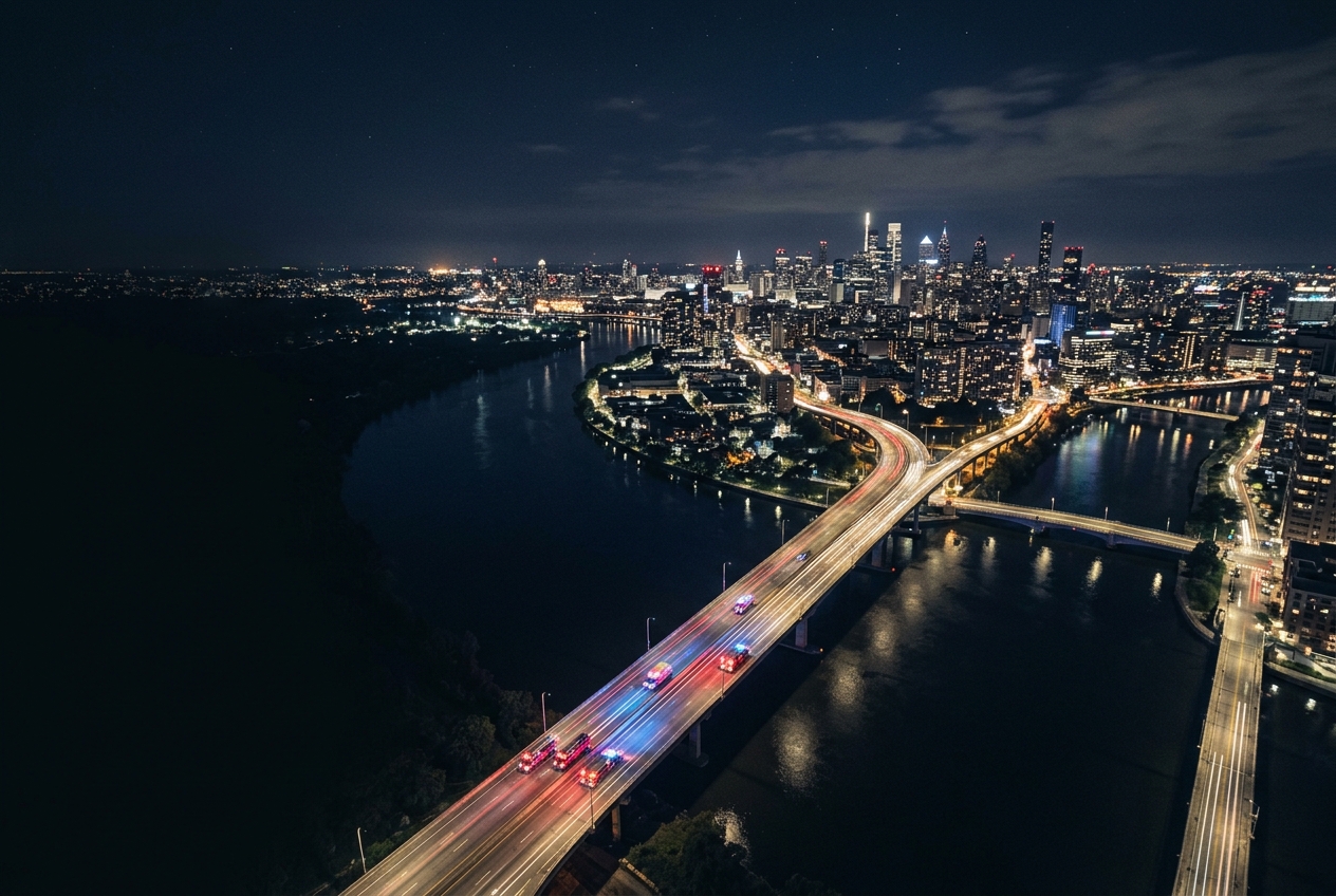 Aerial night view of a city with emergency vehicle light trails on a bridge