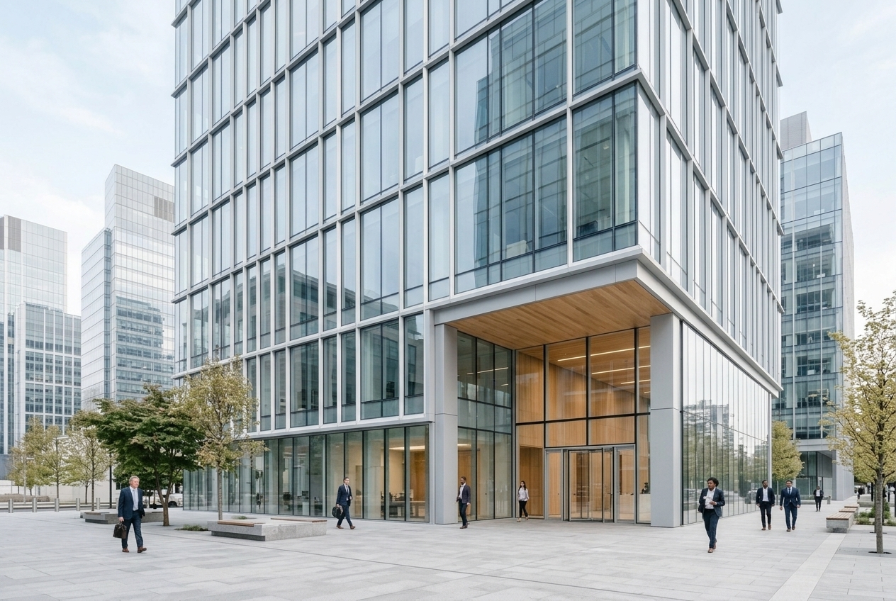 Contemporary glass office tower with a warm oak lobby in soft daylight