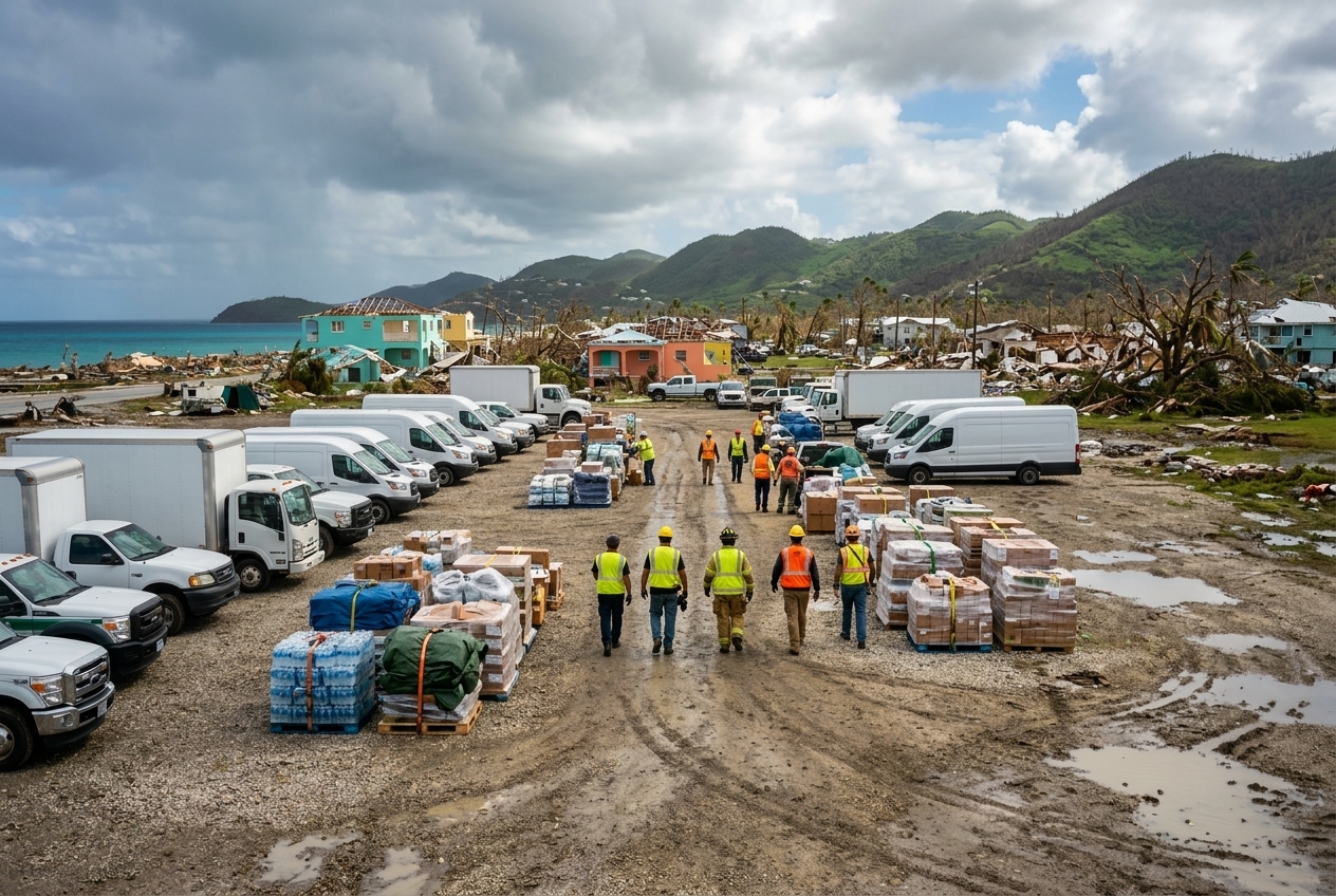 Disaster response staging area on a Caribbean island after a hurricane