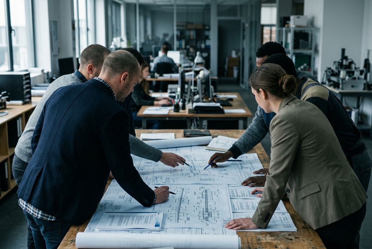 Project team reviewing infrastructure plans