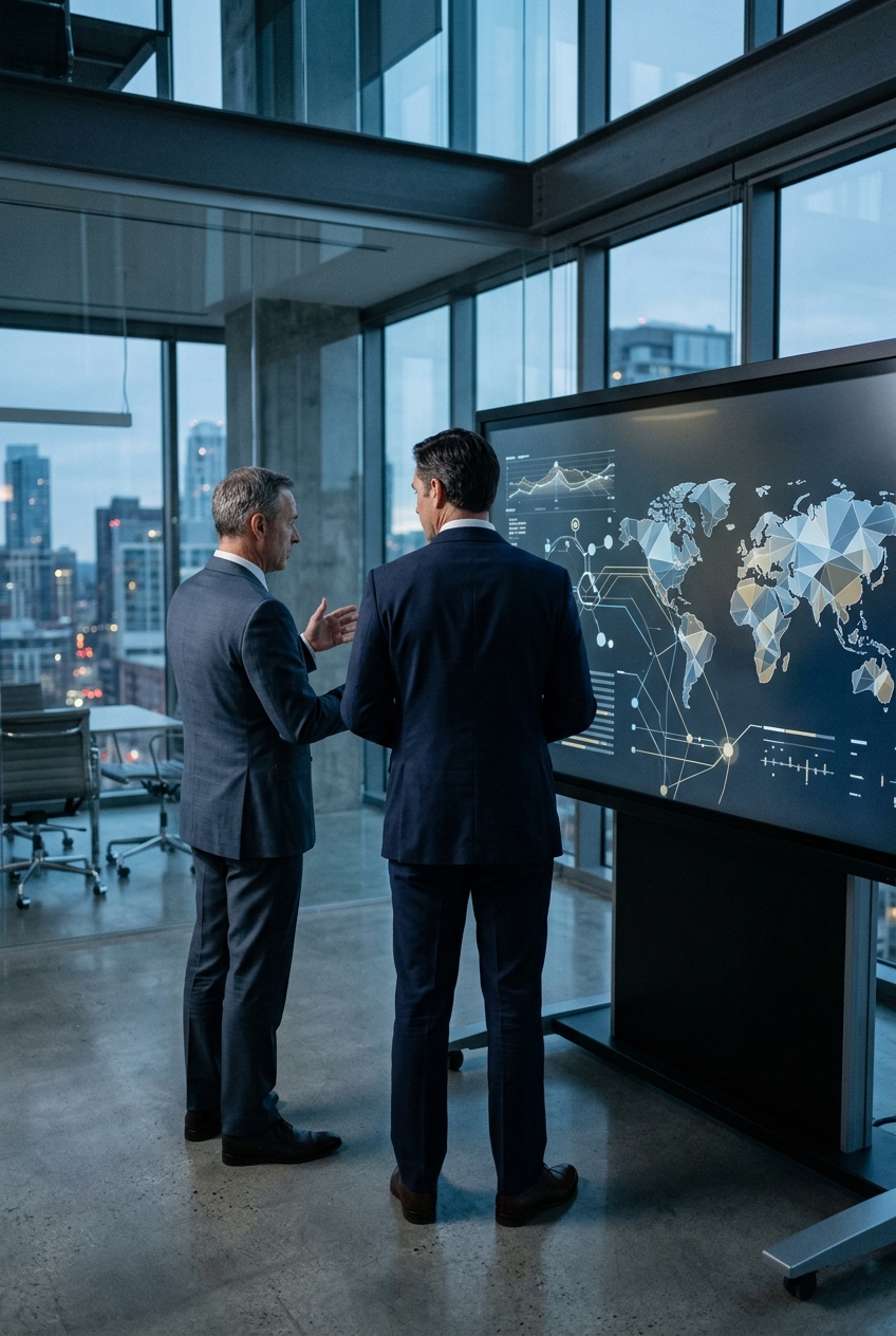 Two advisors at a large data display in a modern glass office