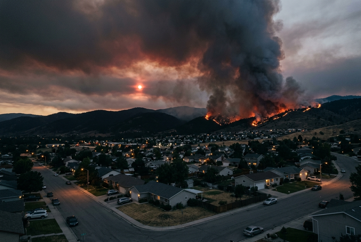 Wildfire and a towering smoke column advancing on a quiet town at dusk
