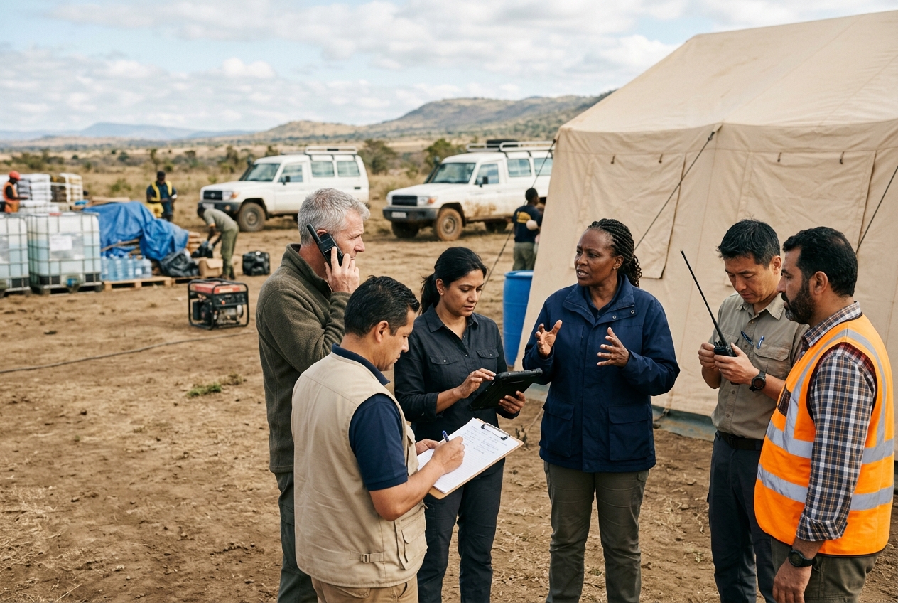 Experienced multinational mission support team coordinating at a field operations point