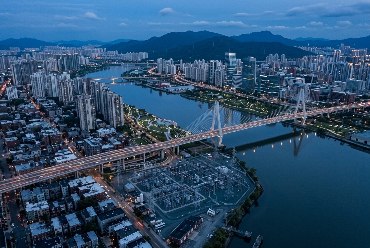 Aerial view of an East Asian city's bridges and critical infrastructure at blue hour