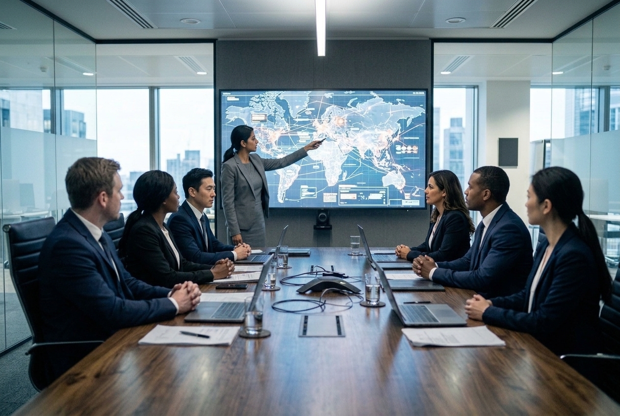 Executive crisis meeting in front of a situation display