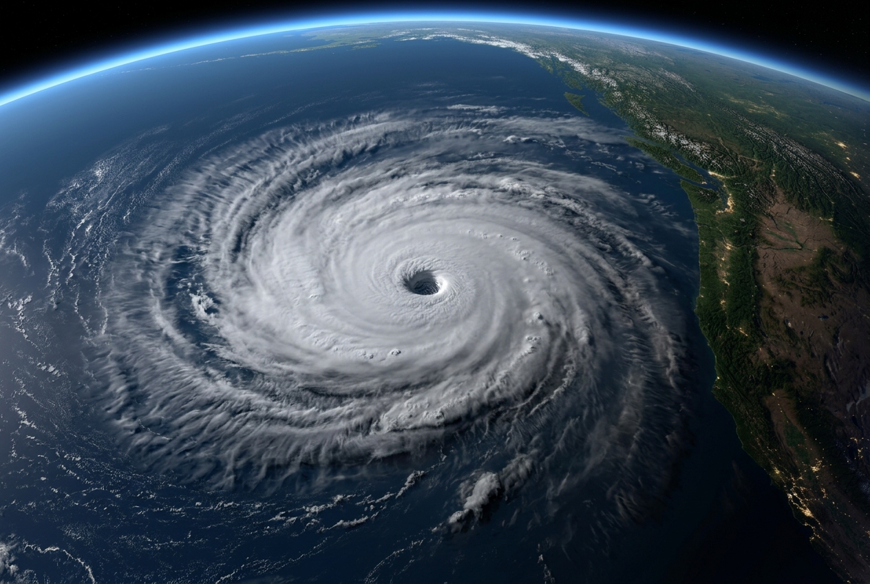 Satellite view of a massive hurricane spiral approaching a coastline