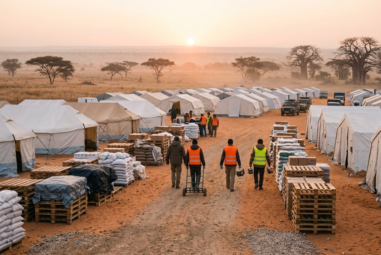 Humanitarian relief camp in the African Sahel at dawn