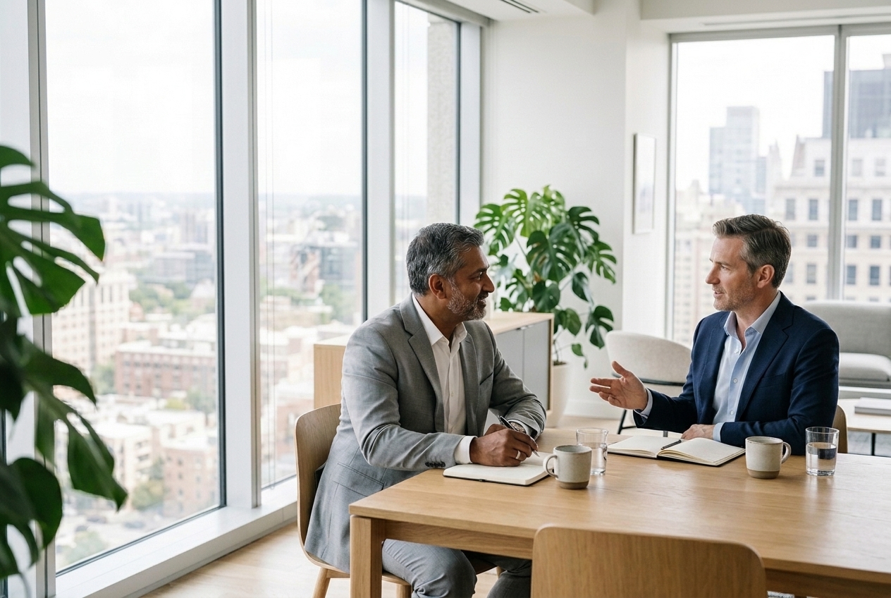 Two professionals of different backgrounds talking across a table in a bright, daylit office meeting room