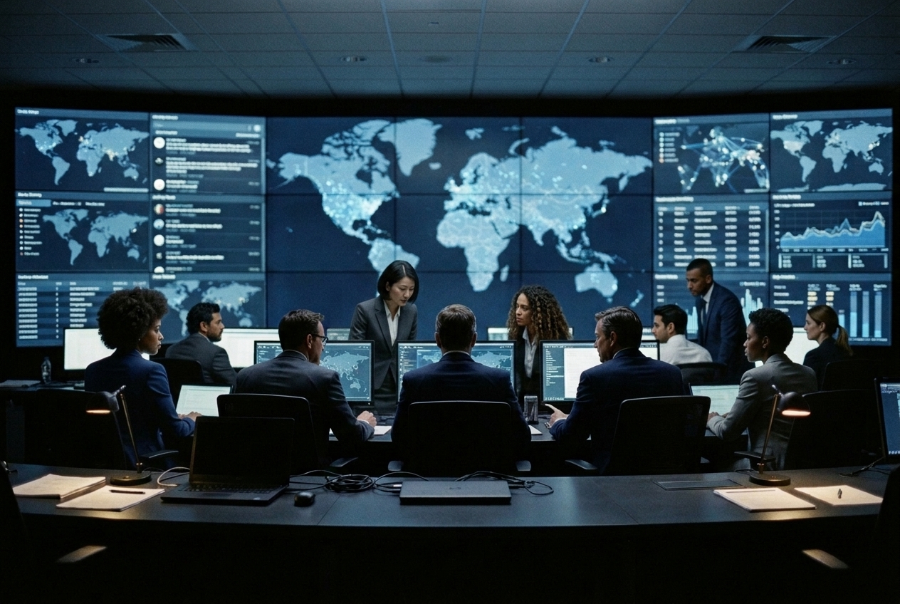 Diverse senior team monitoring a global operations center