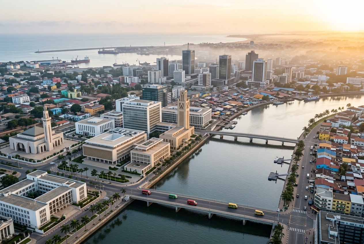 Aerial view of a West African coastal capital at dawn