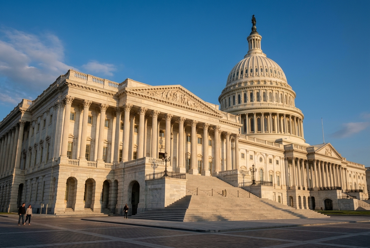 The U.S. Capitol dome and East Front steps in golden late-afternoon light
