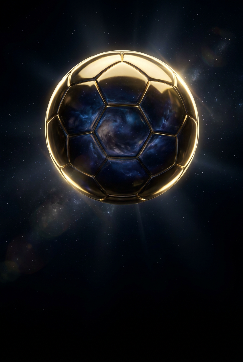 A golden 3D soccer ball floating in a starry dark cosmos