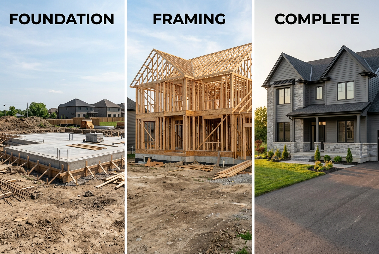 Ground-up new home construction progression from foundation to framing to completed house