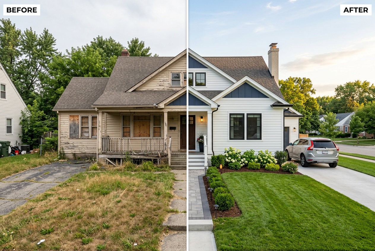 Residential fix and flip property before and after renovation comparison