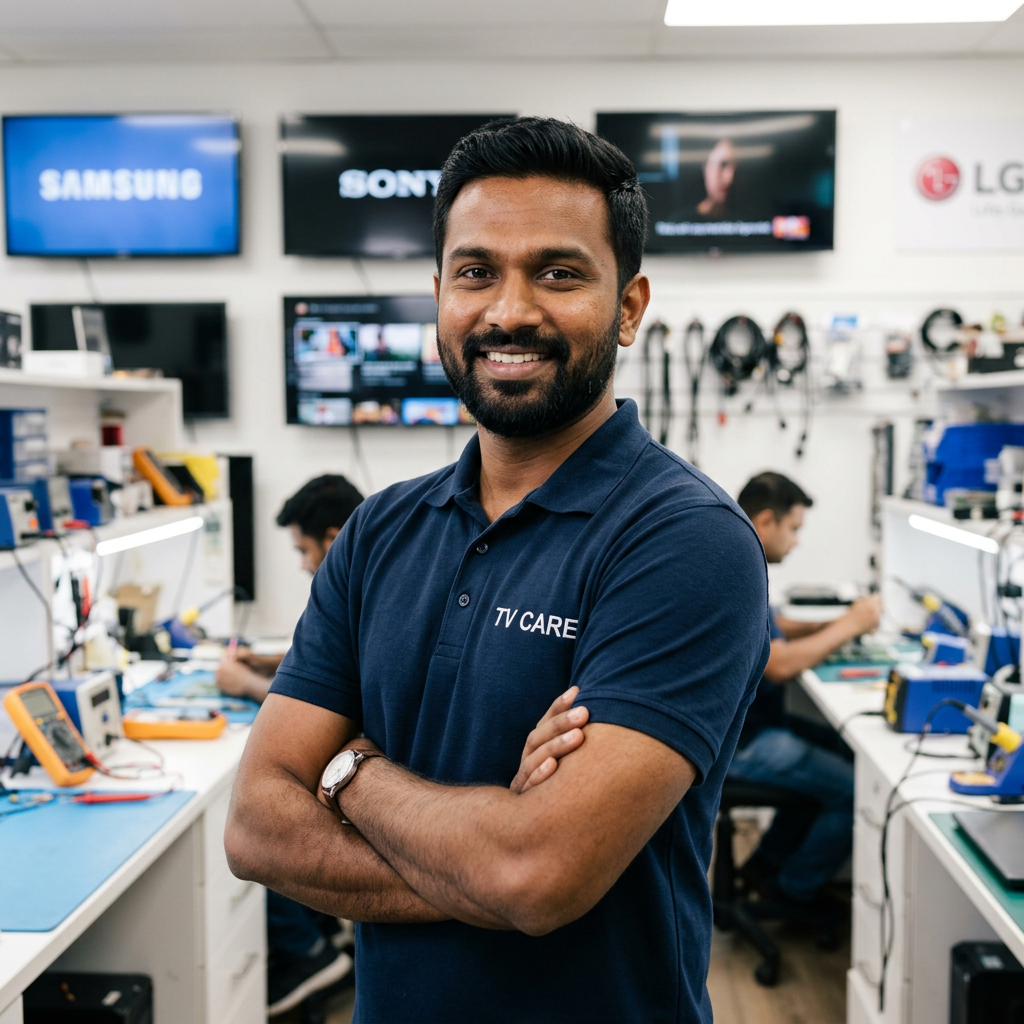 TV CARE technician standing with folded arms in a professional service center