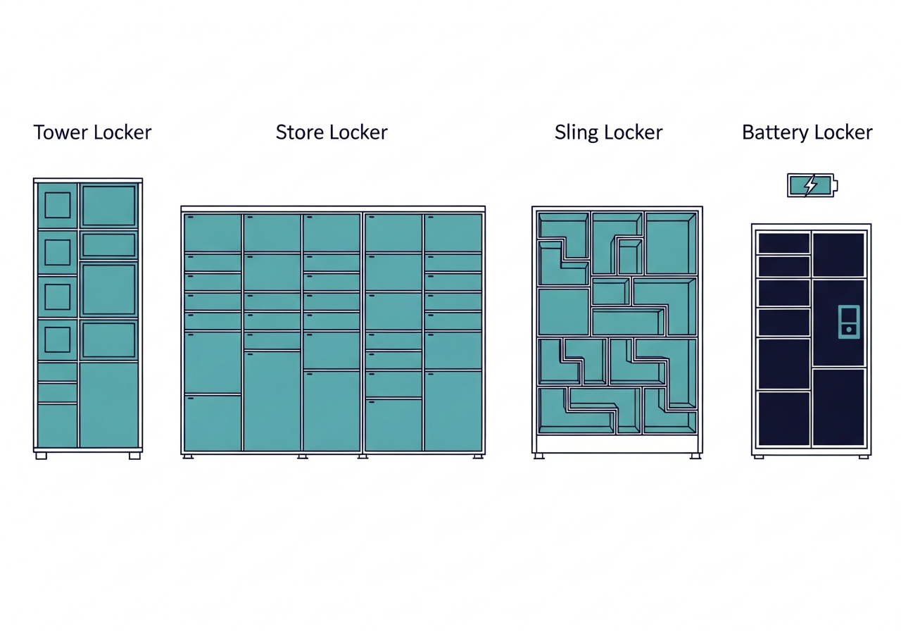 Smart locker models - Tower, Store, Sling, and Battery powered lockers