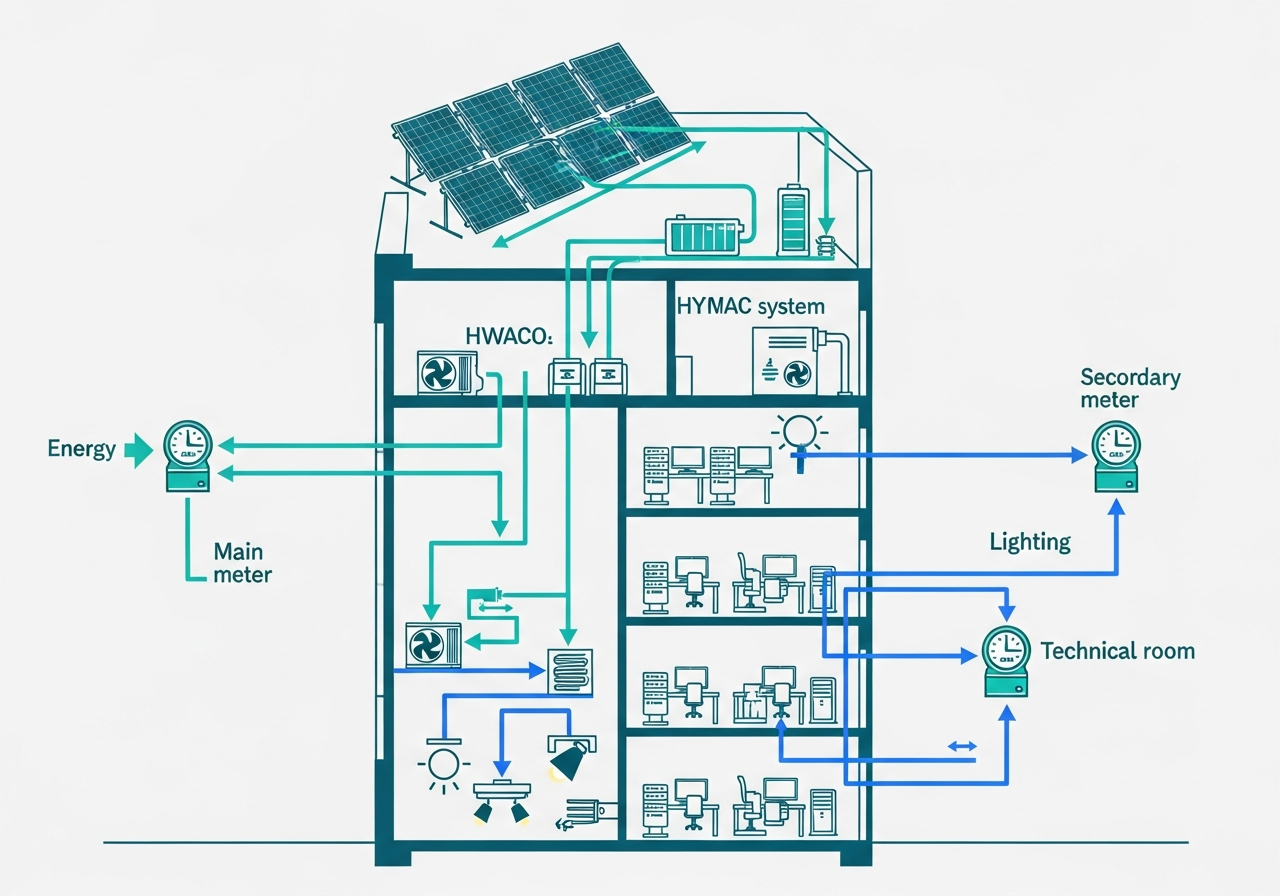 Energy flow diagram in commercial building with monitoring points