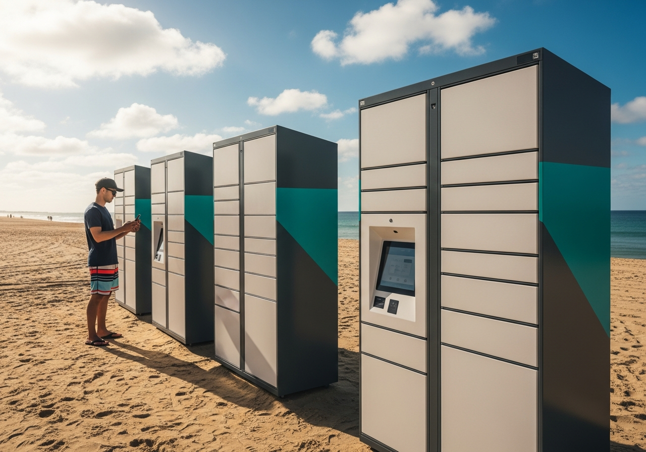 Beach smart lockers at coastal location