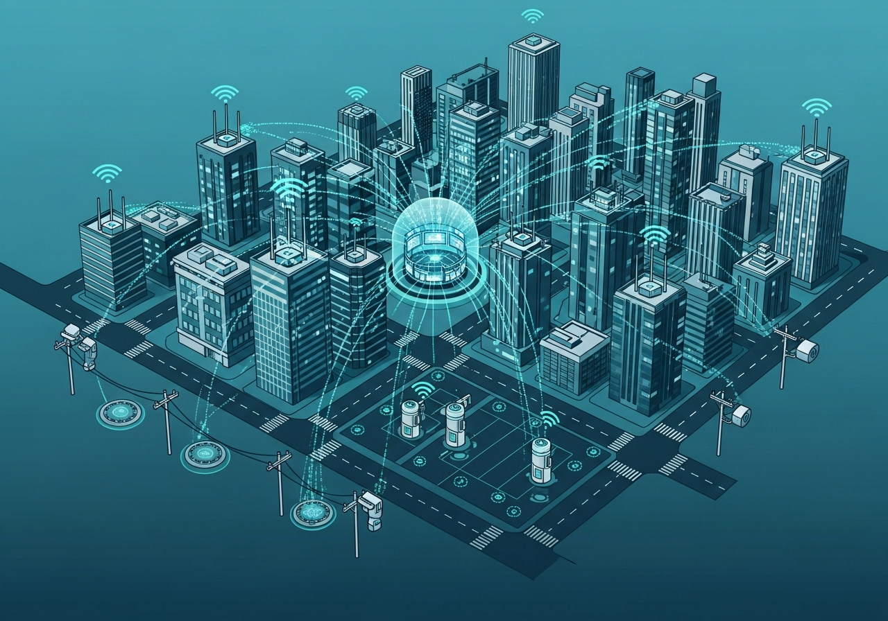 Smart City IoT Infrastructure - urban network with gateways, sensors and city dashboard