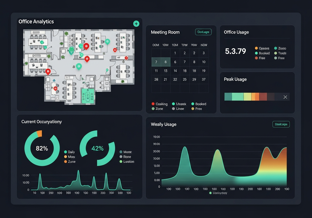 Office analytics dashboard showing real-time occupancy, meeting room availability, and usage trends