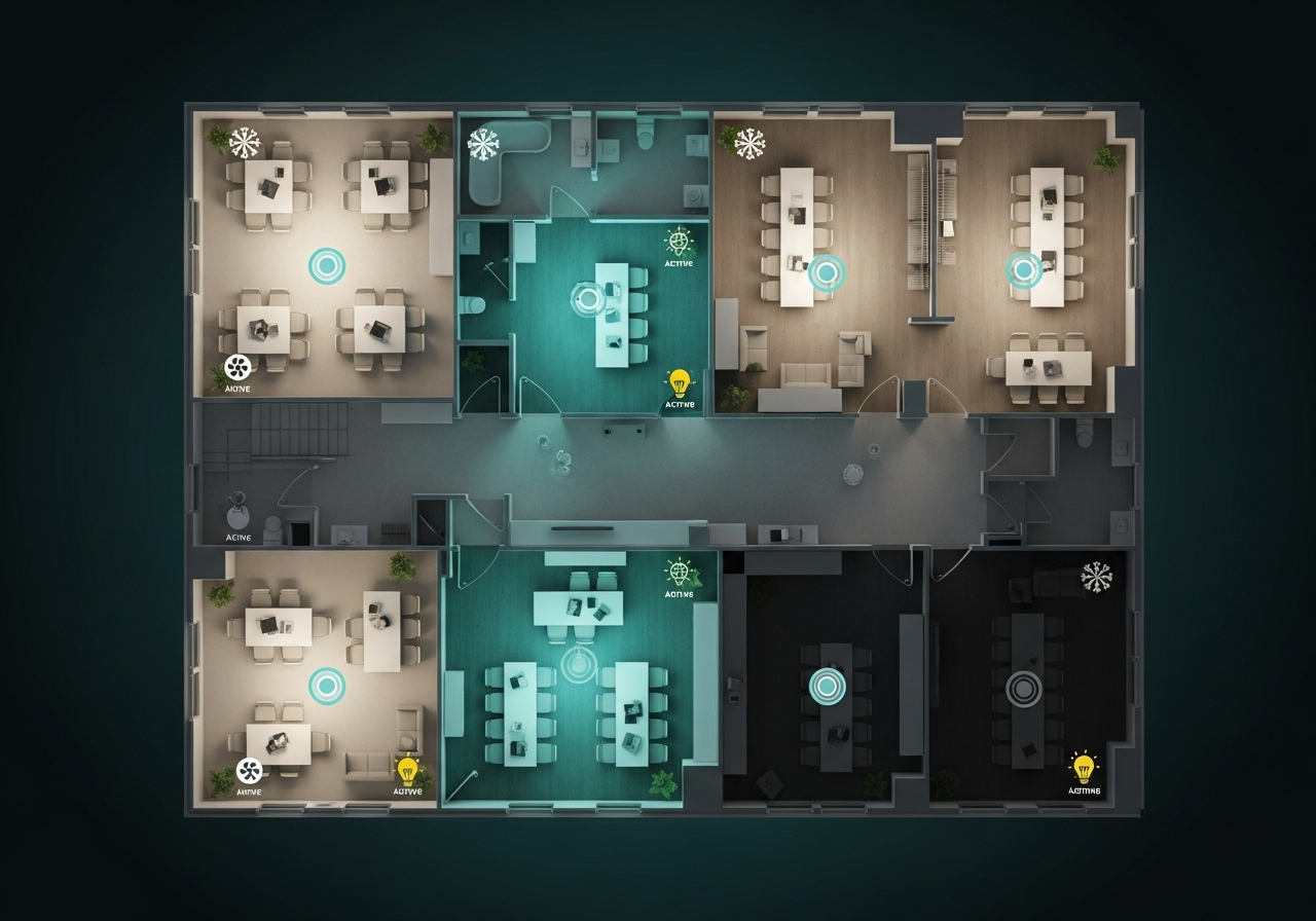 Occupancy-based energy management showing office floor plan with occupied and unoccupied zones