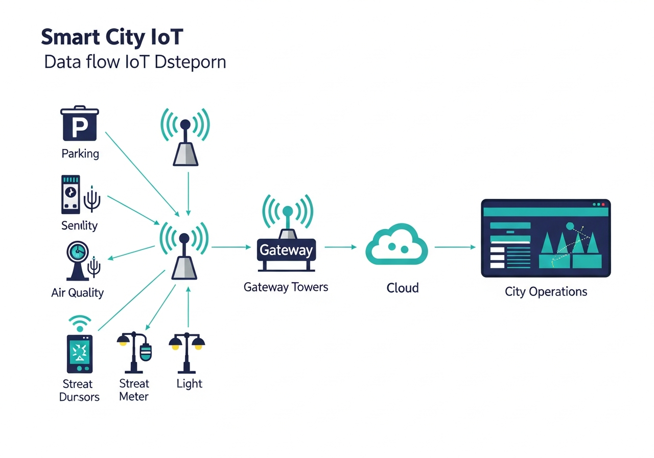 Smart city IoT architecture - sensors to network to gateways to platform to dashboard