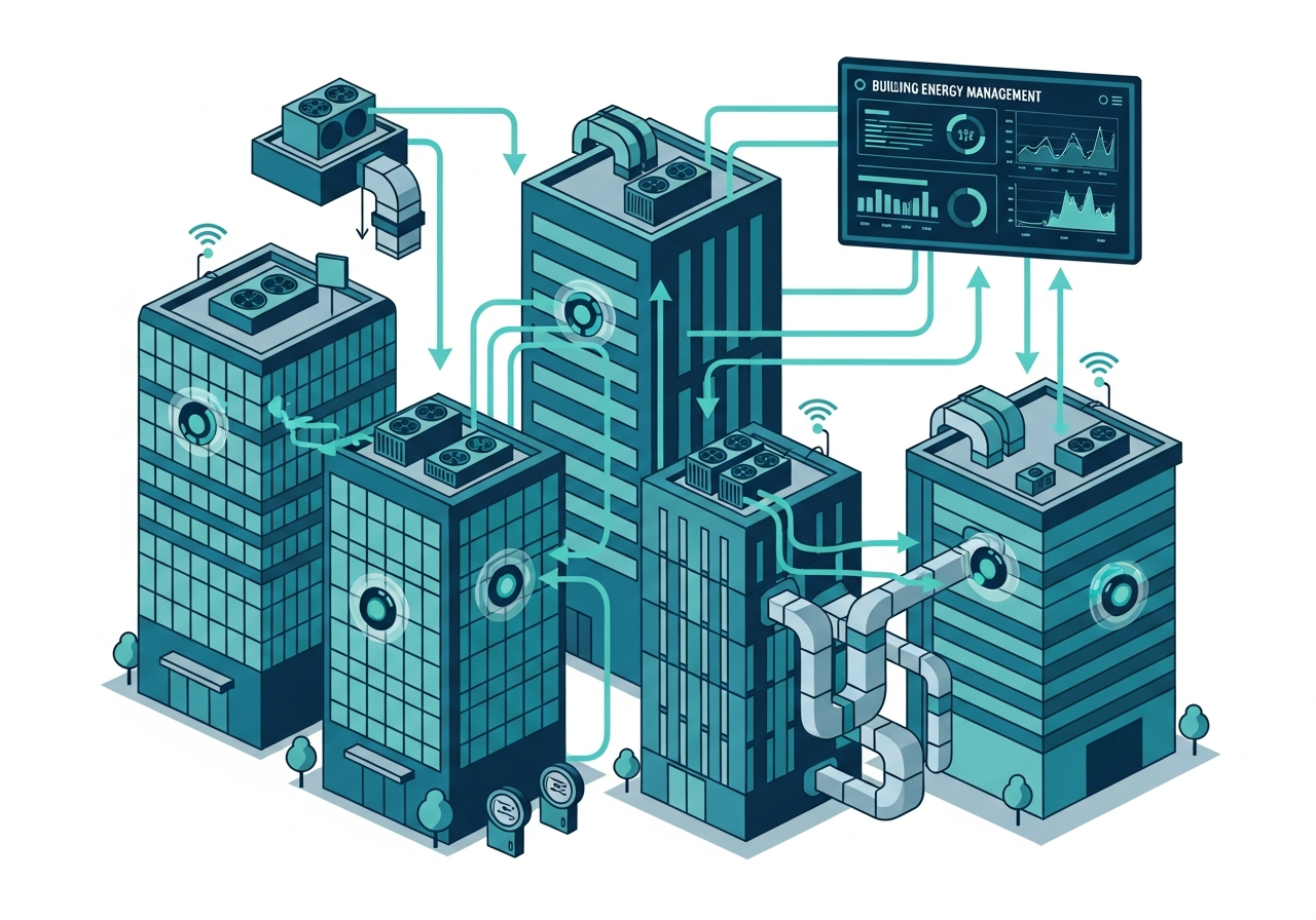 Building Energy Efficiency - smart buildings with IoT sensors, energy meters, and management dashboard