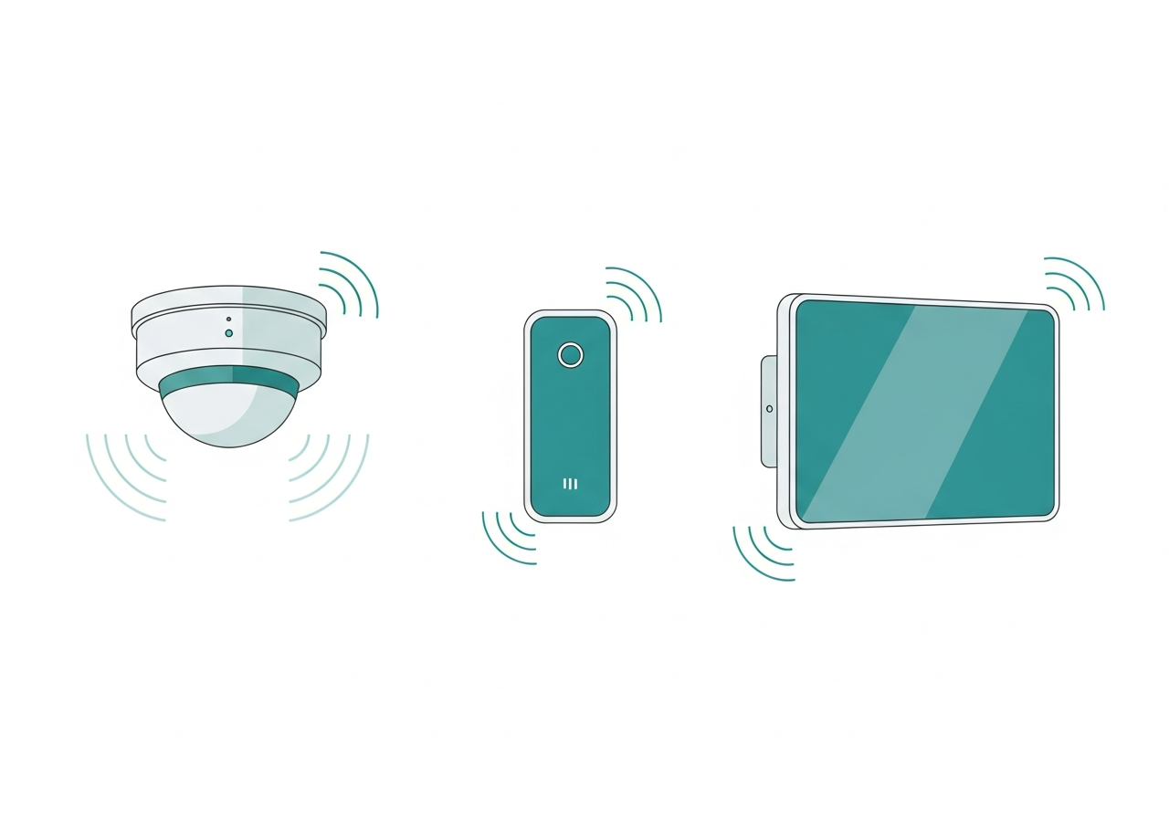 Smart office sensors - ceiling occupancy sensor, desk sensor, and meeting room panel